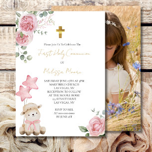 Invitation Première Communion Douce Petite Agneau Roses Roses