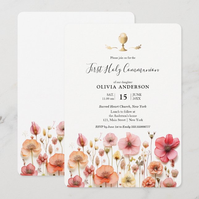 Invitation Première communion du printemps fleur sauvage (Devant / Derrière)
