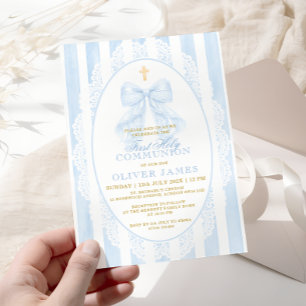 Invitation Première communion élégant nœud bleu