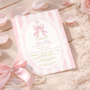 Invitation Première communion élégant nœud rose