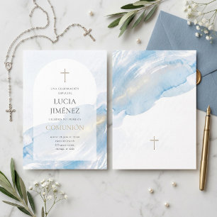 Invitation Première communion élégante à l'aquarelle bleue so
