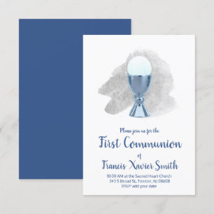 Invitation première communion élégante chalice bleue