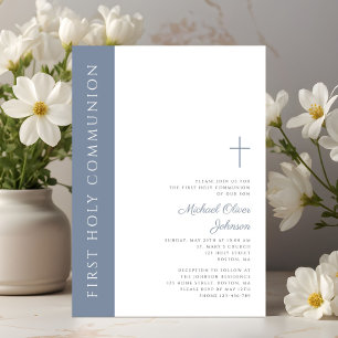 Invitation Première communion élégante moderne croix bleue po