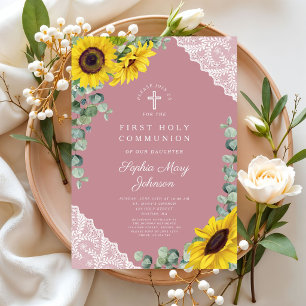 Invitation Première communion élégante moderne croix florale