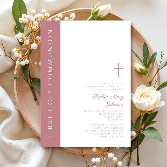 Invitation Première communion élégante moderne fille croix ro (Modern Elegant Pink Cross Girl First Communion Invitation)
