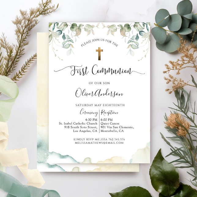 Invitation Première communion, Elégante verdure et aquarelle (Créateur téléchargé)