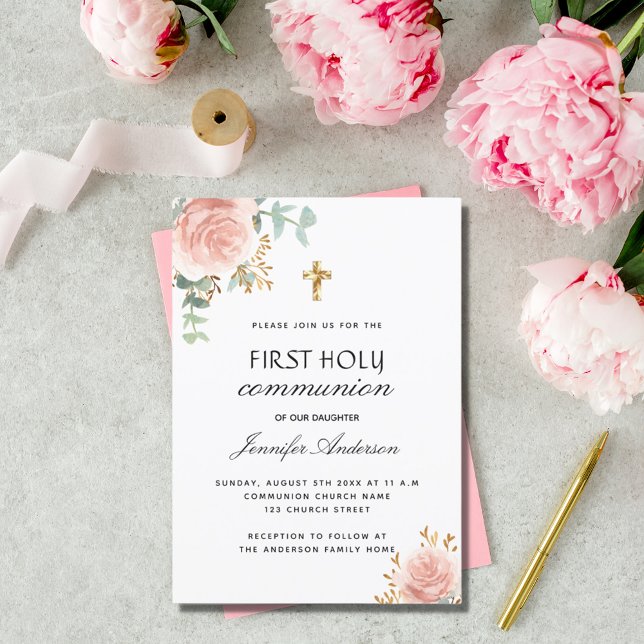 Invitation Première communion eucalyptus blush floral (Créateur téléchargé)
