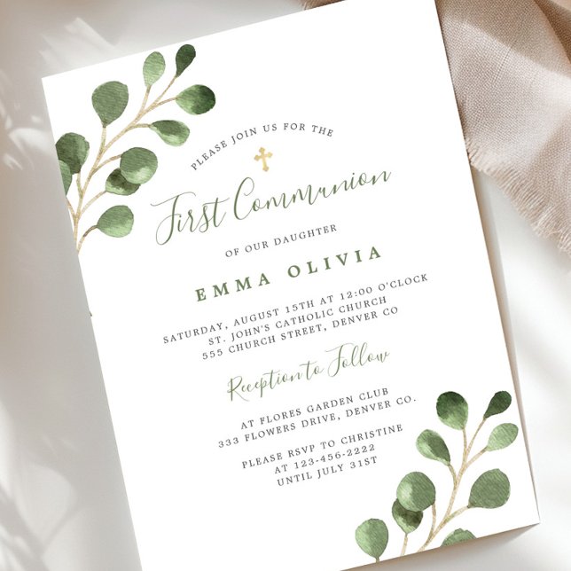 Invitation Première communion eucalyptus élégante (Créateur téléchargé)