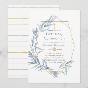 Invitation Première communion eucalyptus géométrique bleu et 
