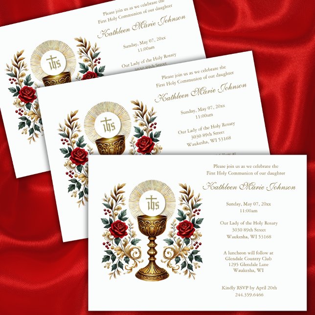 Invitation Première communion Eucharistie Florale Roses Rouge (Créateur téléchargé)