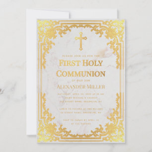 Invitation Première Communion Faux Gold Vintage Élégant marbr