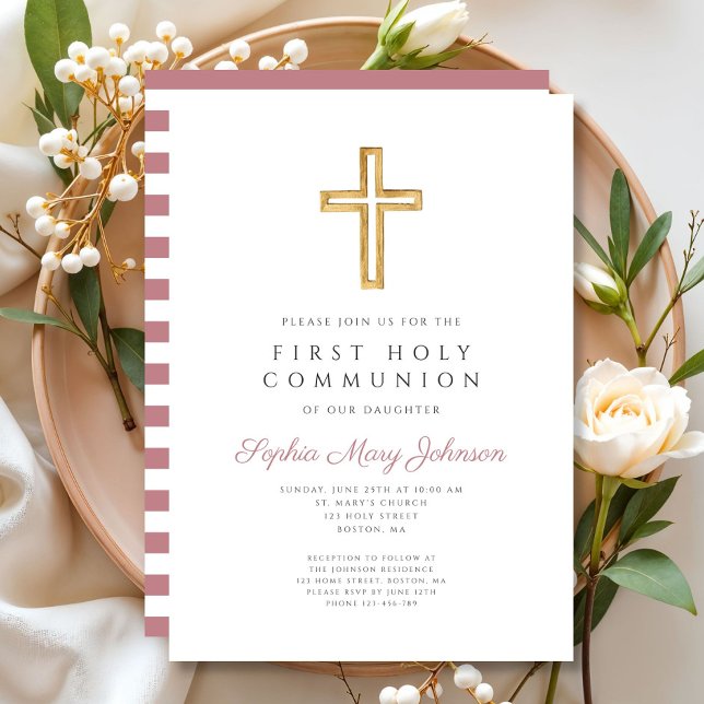 Invitation Première communion féminine de Croix rose moderne (Modern Pink Cross Girl First Communion Invitation)