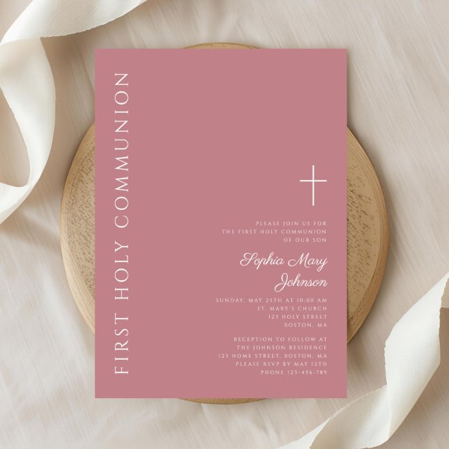 Invitation Première communion féminine de Croix rose moderne (Modern Pink Cross Girl First Communion Invitation)
