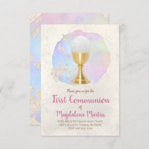Invitation première communion feuille d'or FAUX et aquarelle