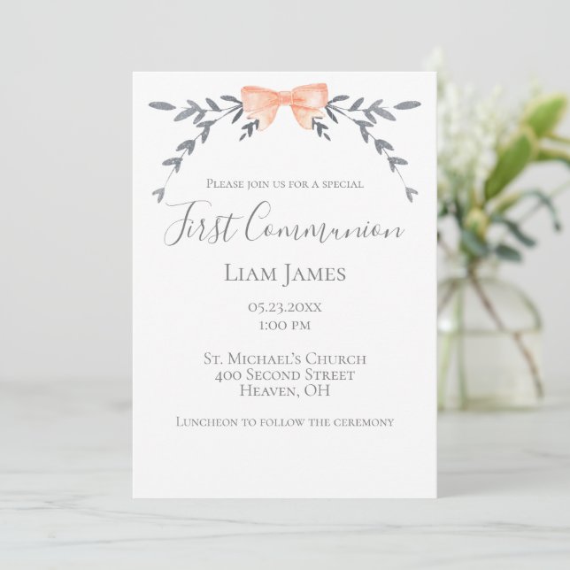 Invitation Première Communion Feuilles Argent Peach Bow (Debout devant)