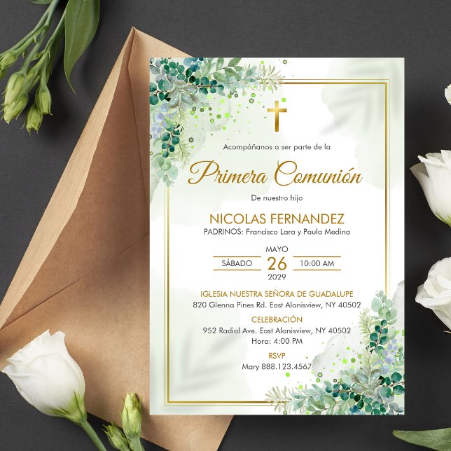 Invitation Première Communion Feuilles Vertes Comm (Créateur téléchargé)
