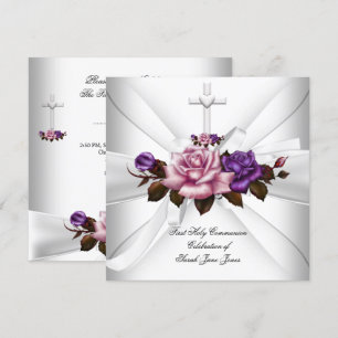 Invitation Première communion fille Blanc Argent Rose Violet