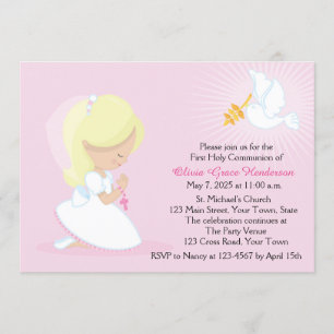 Invitation Première communion, fille blonde, rose
