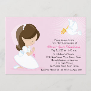 Invitation Première communion, fille Brunette, rose