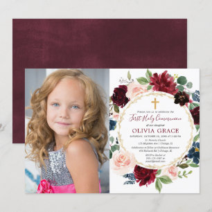 Invitation Première communion fille burgundy photo bleue