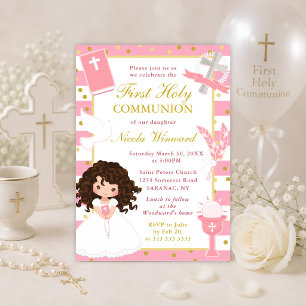 Invitation Première communion fille cheveux bruns rayures ros