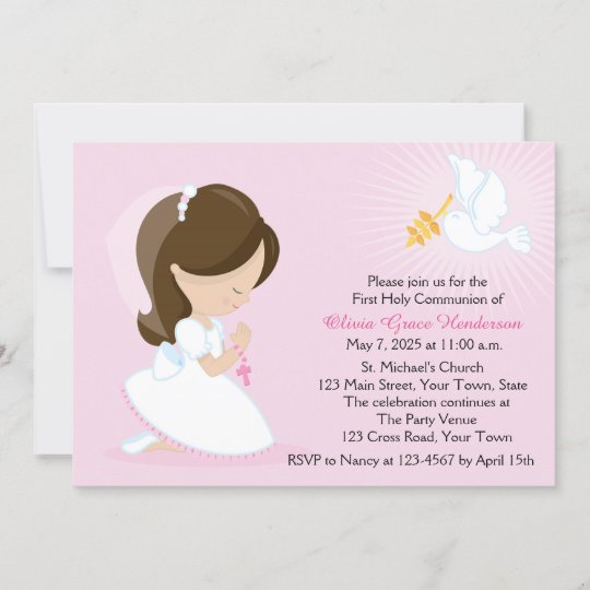 Invitation Premiere Communion Fille De Brune Rose Zazzle Ca Invitation Premiere Communion Fille De Brune Rose Zazzle Ca