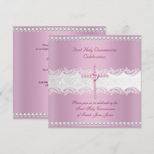 Invitation Première communion fille rose en dentelle et perle