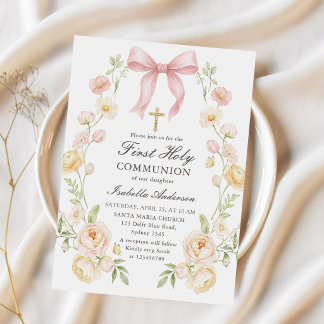 Invitation Première communion fille rose floral noeud