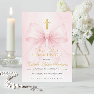 Invitation Première communion fille Ruban rose Croix en faux
