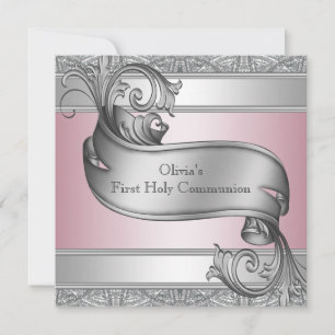 Invitation Première communion filles rose et gris