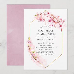 Invitation Première communion Fleur de cerisier rose géométri