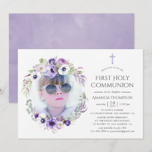 Invitation Première communion Fleur Violet Poussiéreux