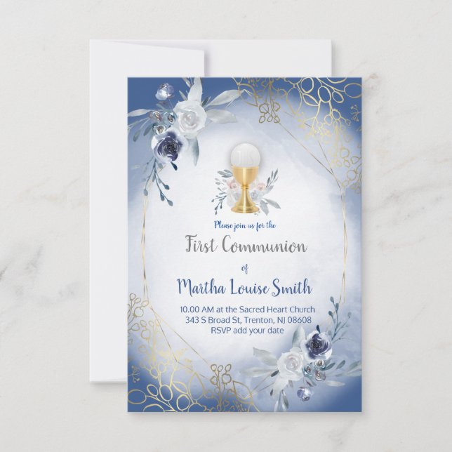 Invitation première communion fleurs d'aquarelle bleue (Devant)