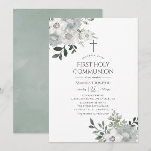 Invitation Première communion florale argentée aquarelle Silv