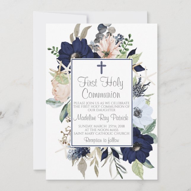 Invitation Première communion florale bleue (Devant)