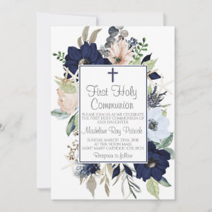 Invitation Première communion florale bleue