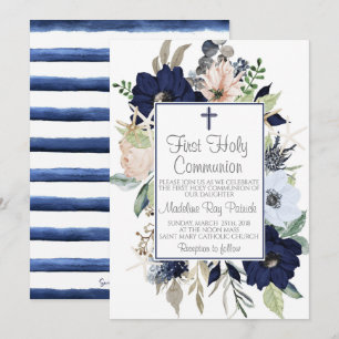 Invitation Première communion florale bleue