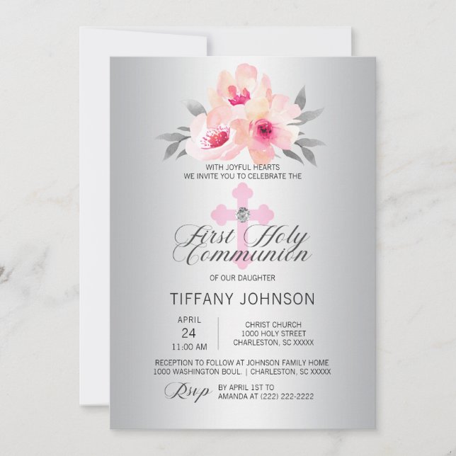 Invitation Première Communion Florale Croix Rose FILLE + POEM (Devant)