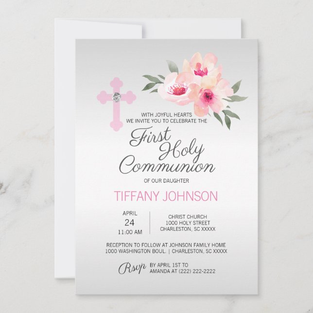 Invitation Première Communion Florale Croix Rose FILLE + POEM (Devant)