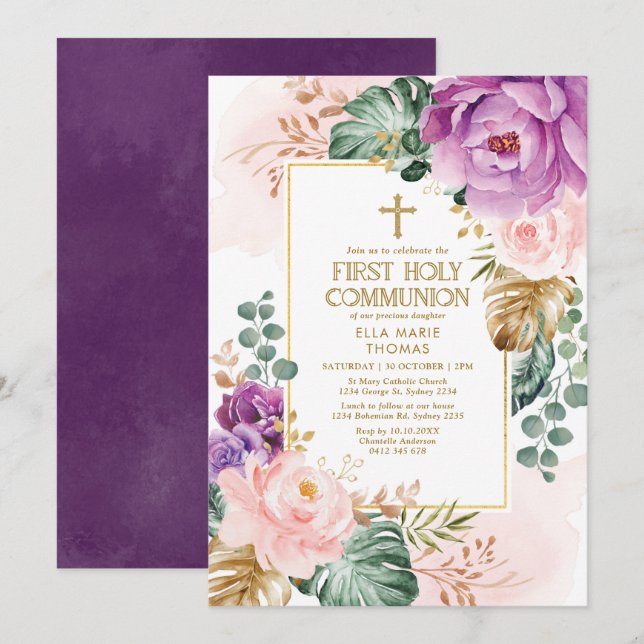 Invitation Première communion florale de Bohême de Bohême (Devant / Derrière)