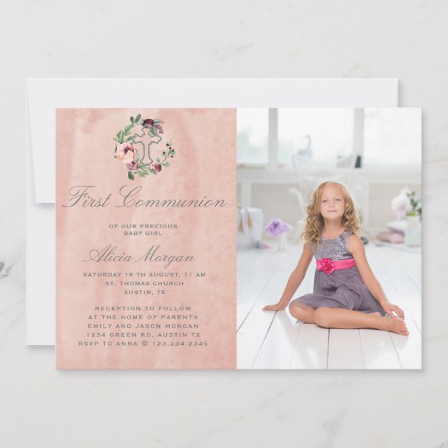 Invitation première communion florale de marsala rose rousse (Devant)
