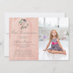 Invitation première communion florale de marsala rose rousse