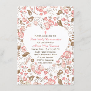 Invitation Première communion florale du coeur rose de la fil
