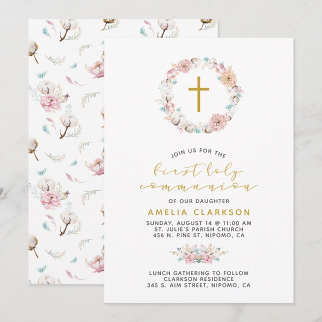 Invitation Première communion florale et de coton (Devant / Derrière)