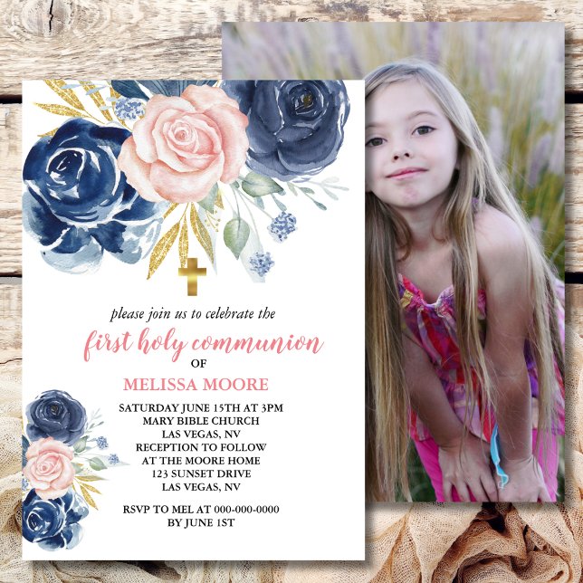 Invitation Première Communion Florale Marine bleu rose (Créateur téléchargé)