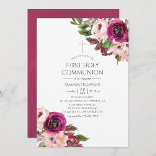 Invitation Première communion florale marsala et blush