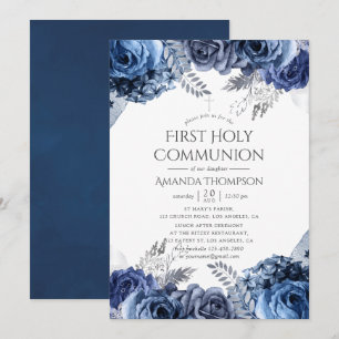 Invitation Première communion florale Navy, Blanc et Argent