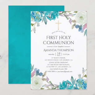 Invitation Première communion florale pastel