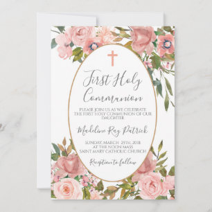 Invitation Première communion florale rose