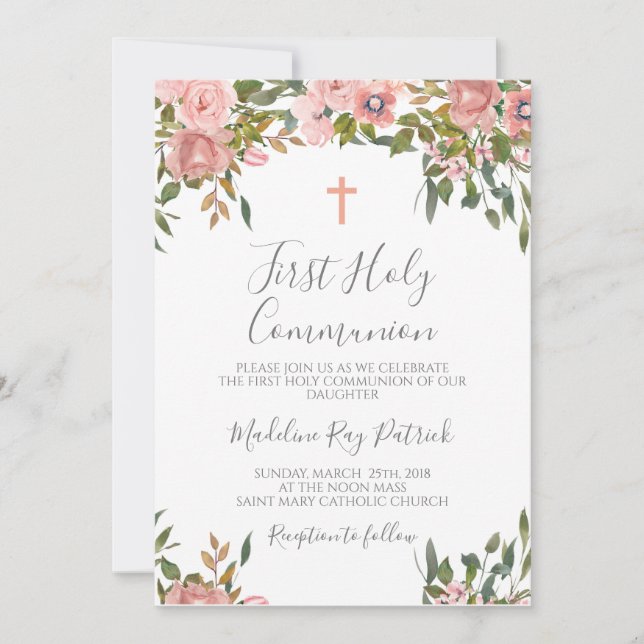 Invitation Première communion florale rose (Devant)
